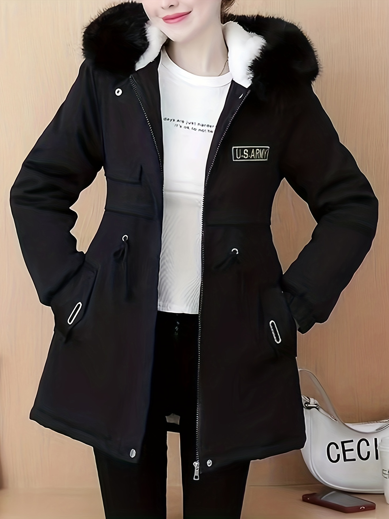 fluffy trim zip up coat casual solid long sleeve winter outerwear womens clothing details 8