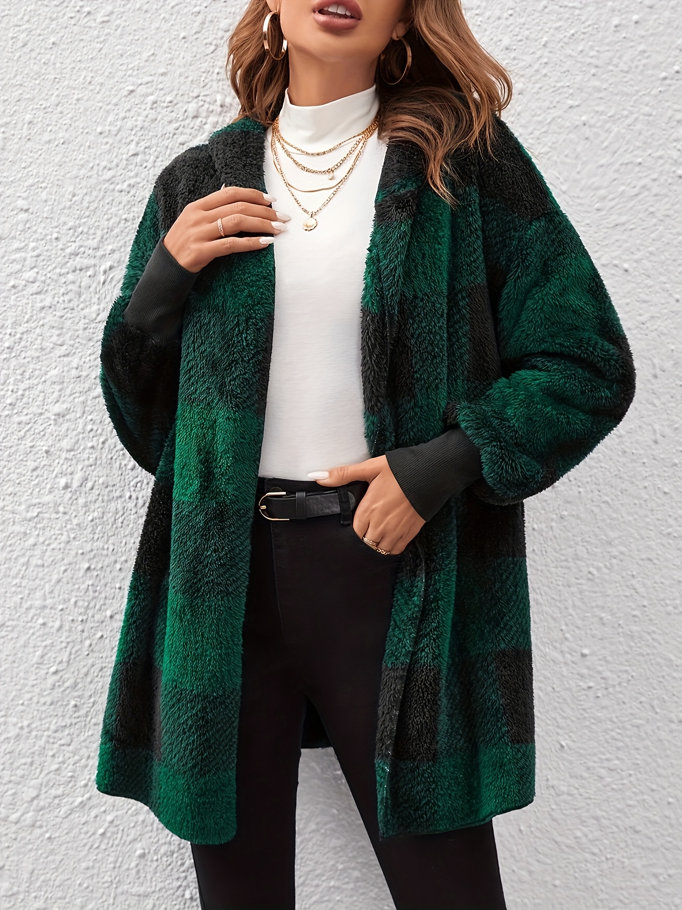 plaid print open front fuzzy coat casual long sleeve hooded coat for fall winter womens clothing details 0