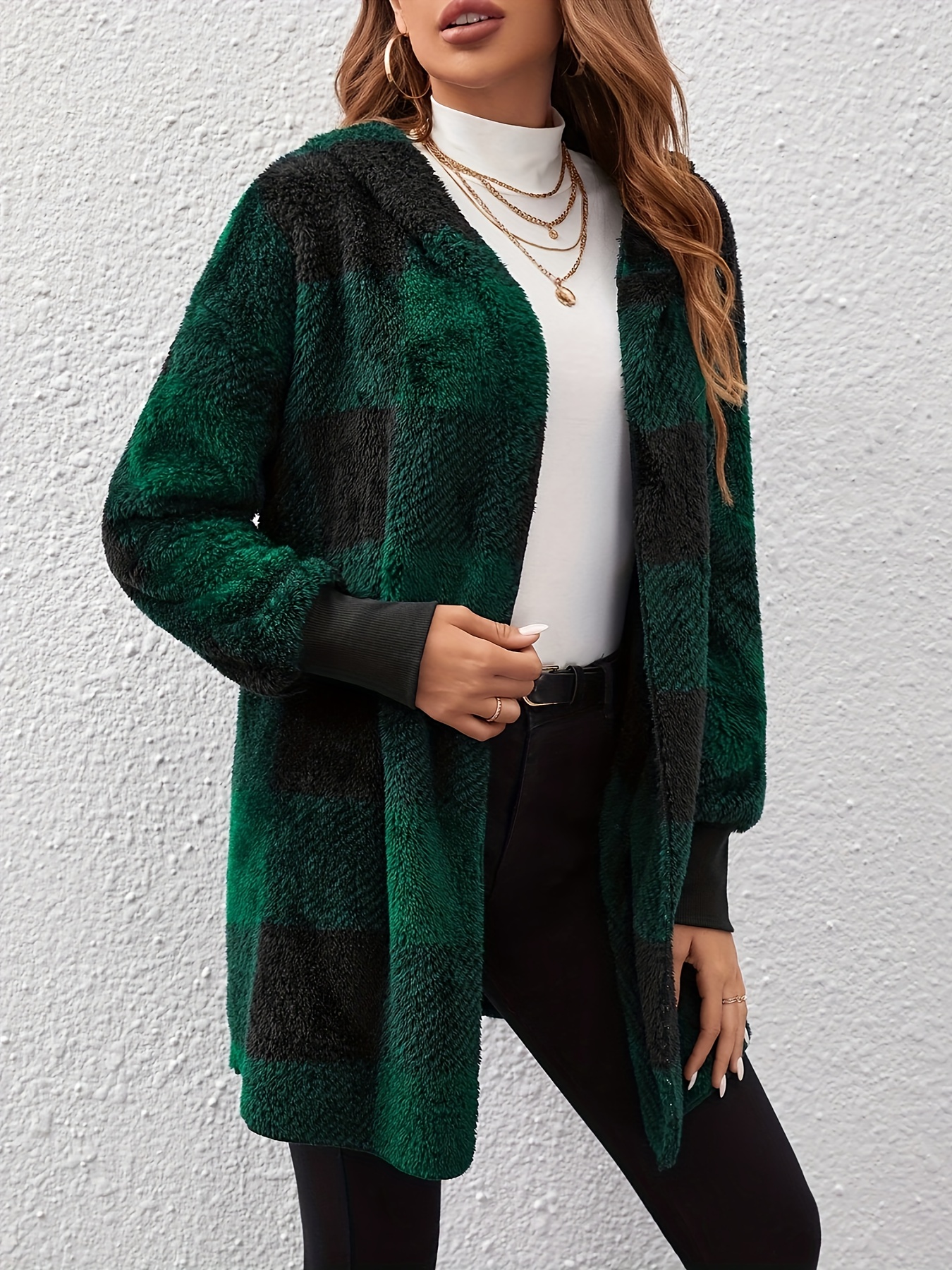 plaid print open front fuzzy coat casual long sleeve hooded coat for fall winter womens clothing details 2