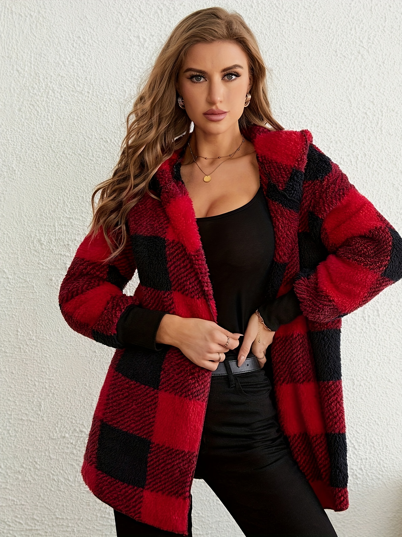 plaid print open front fuzzy coat casual long sleeve hooded coat for fall winter womens clothing details 5