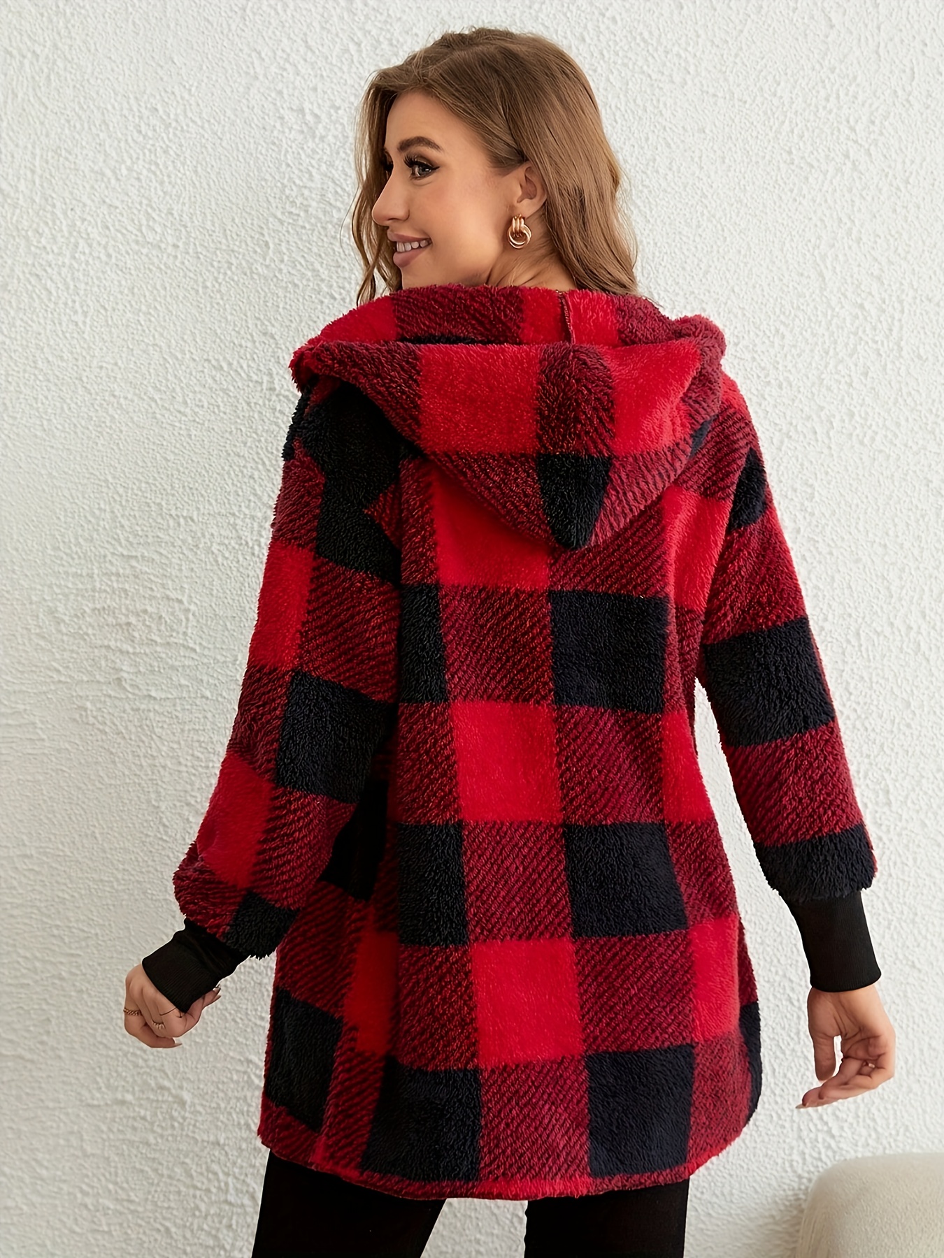 plaid print open front fuzzy coat casual long sleeve hooded coat for fall winter womens clothing details 6