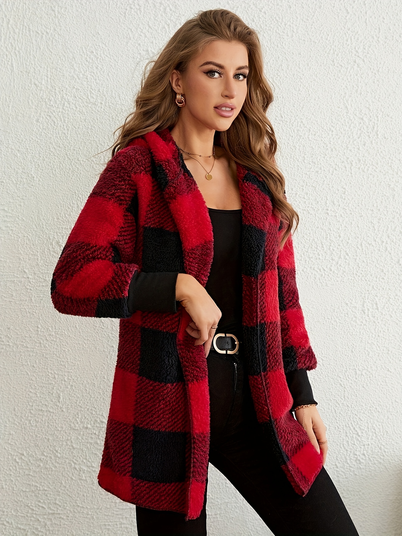 plaid print open front fuzzy coat casual long sleeve hooded coat for fall winter womens clothing details 7