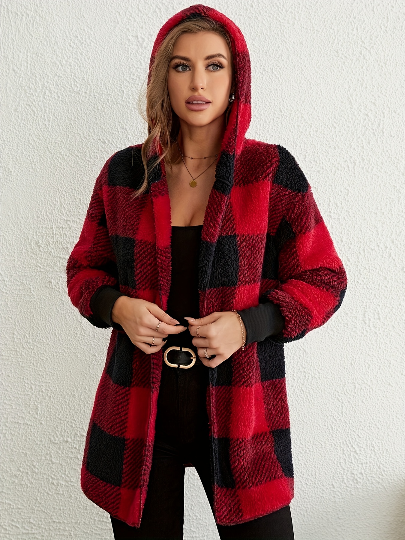 plaid print open front fuzzy coat casual long sleeve hooded coat for fall winter womens clothing details 9