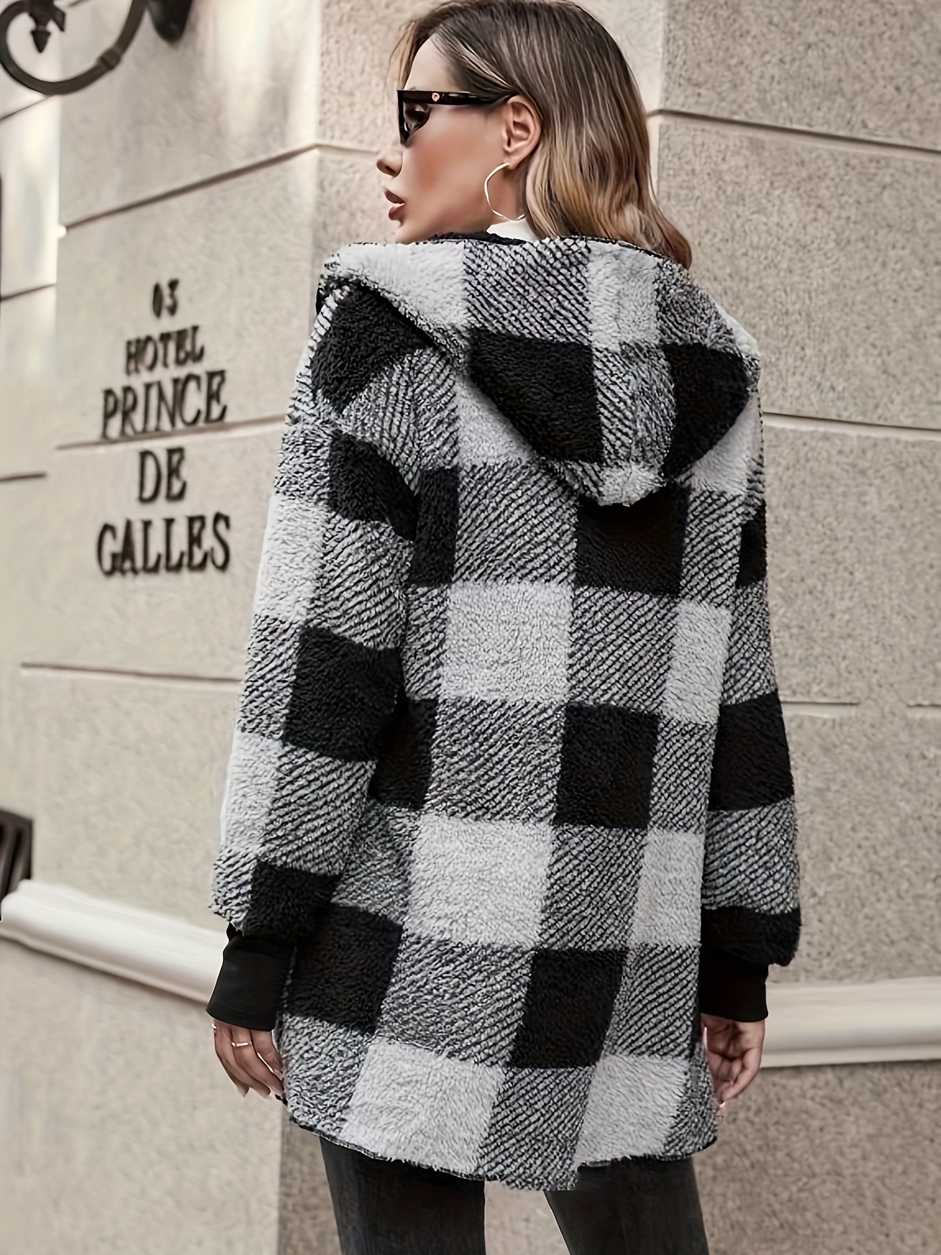 plaid print open front fuzzy coat casual long sleeve hooded coat for fall winter womens clothing details 16