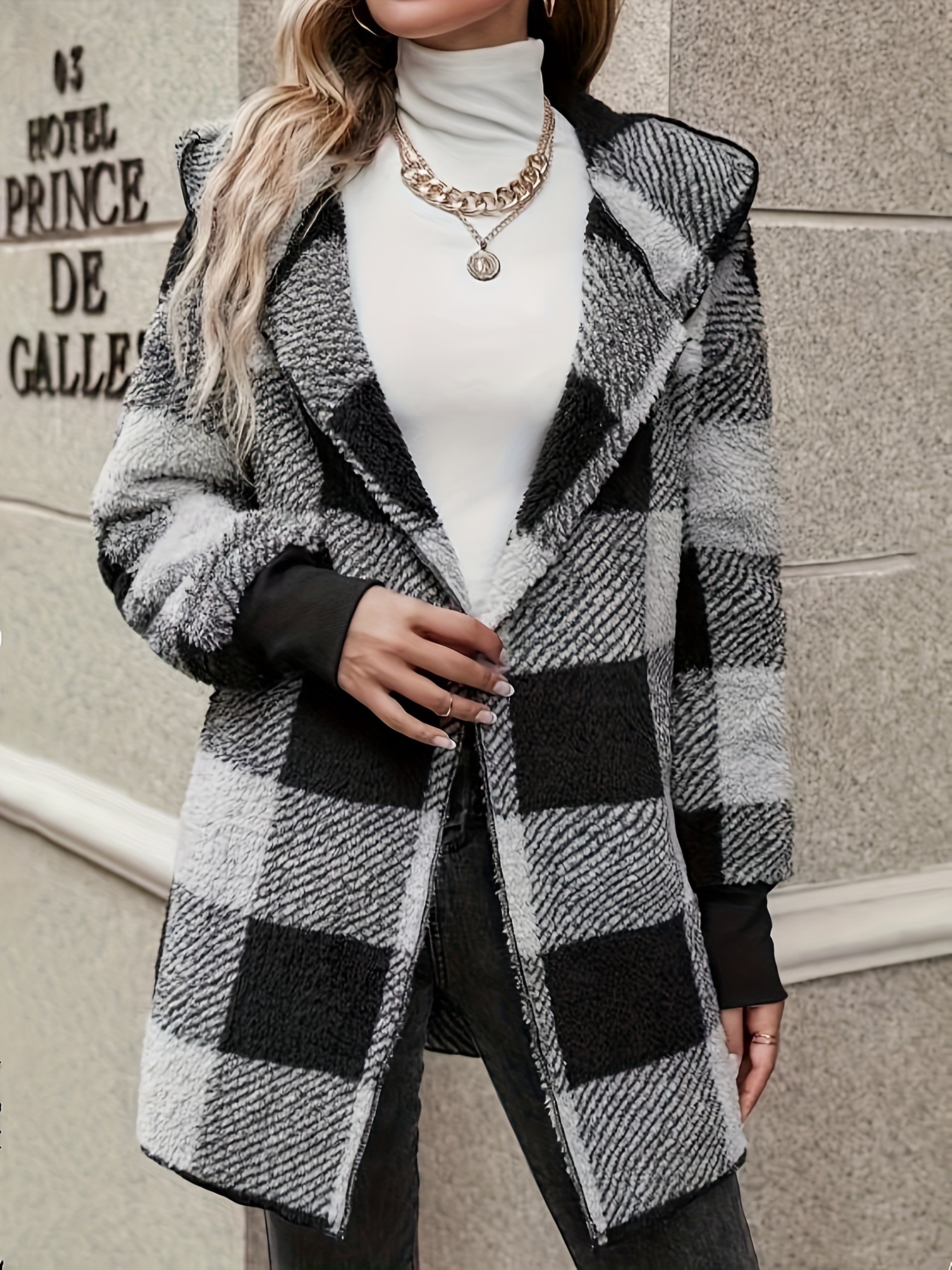 plaid print open front fuzzy coat casual long sleeve hooded coat for fall winter womens clothing details 17