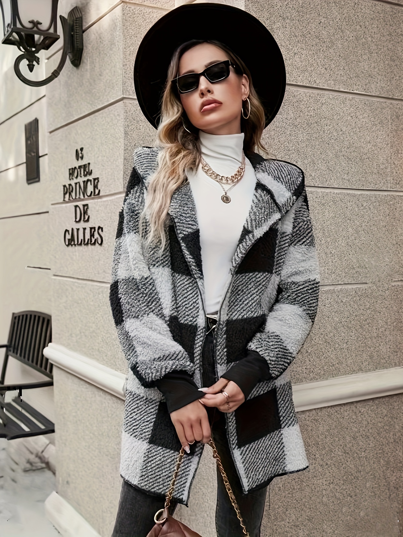 plaid print open front fuzzy coat casual long sleeve hooded coat for fall winter womens clothing details 19