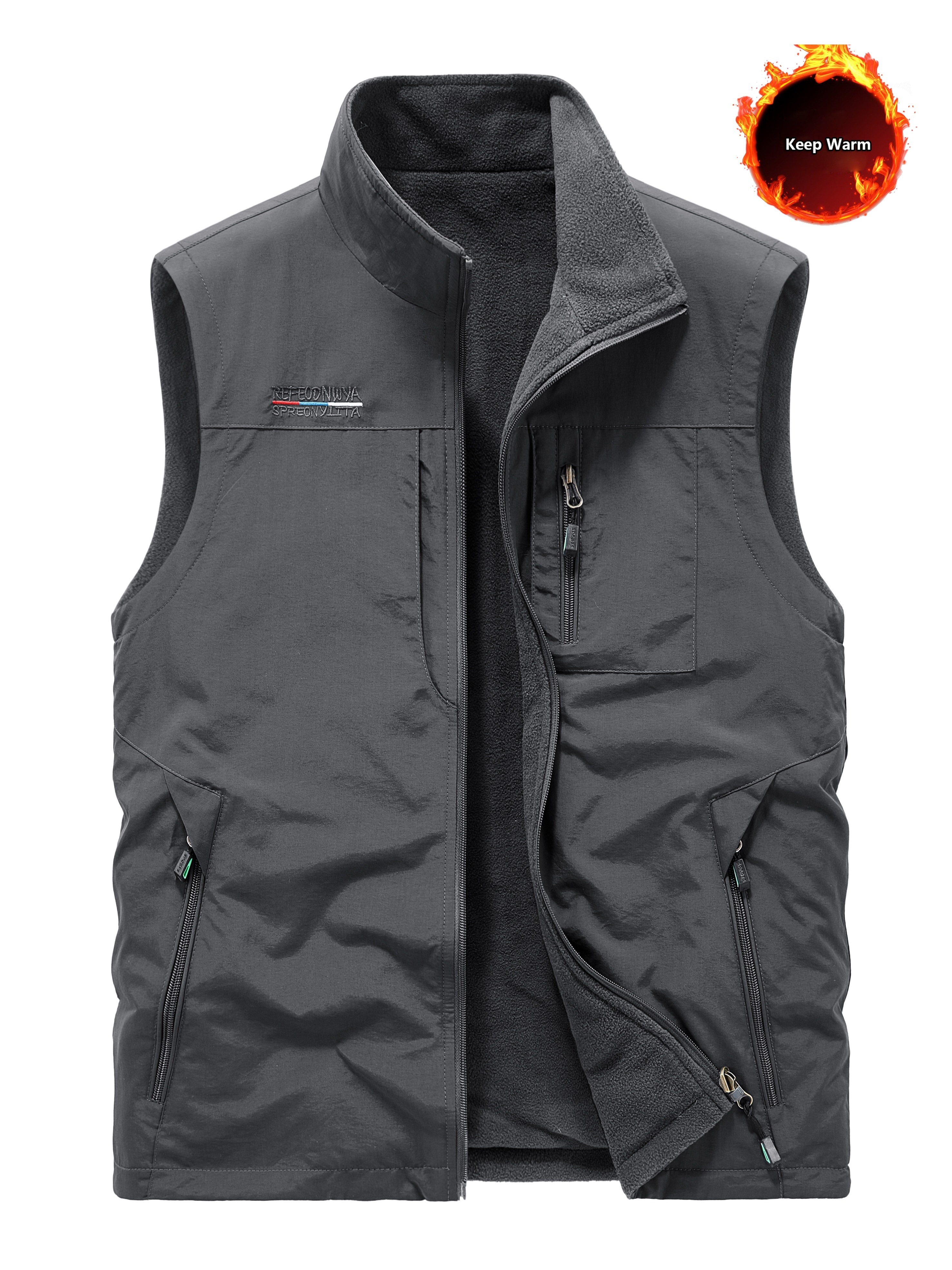 solid zipper pockets cargo vest mens casual outwear zip up vest for spring summer outdoor fishing hiking photography details 0