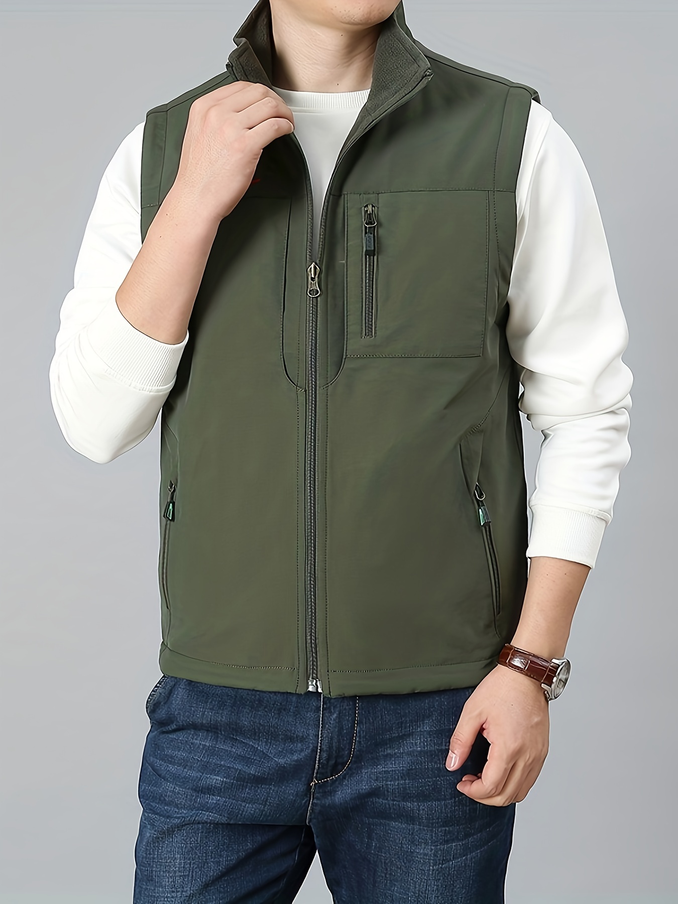 solid zipper pockets cargo vest mens casual outwear zip up vest for spring summer outdoor fishing hiking photography details 14