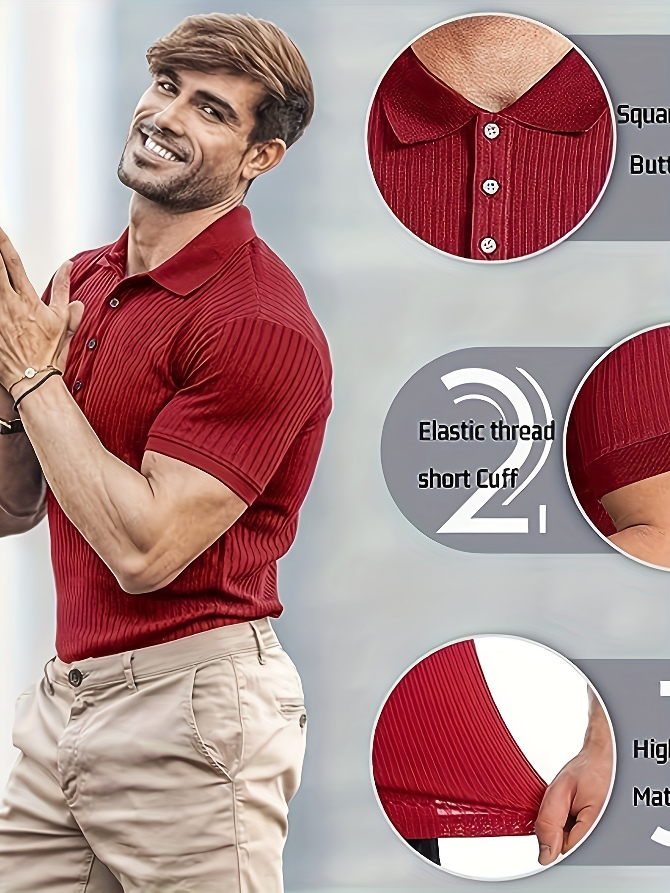 breathable regular fit ribbed golf shirt mens casual v neck t shirt short sleeve for summer mens clothing details 1