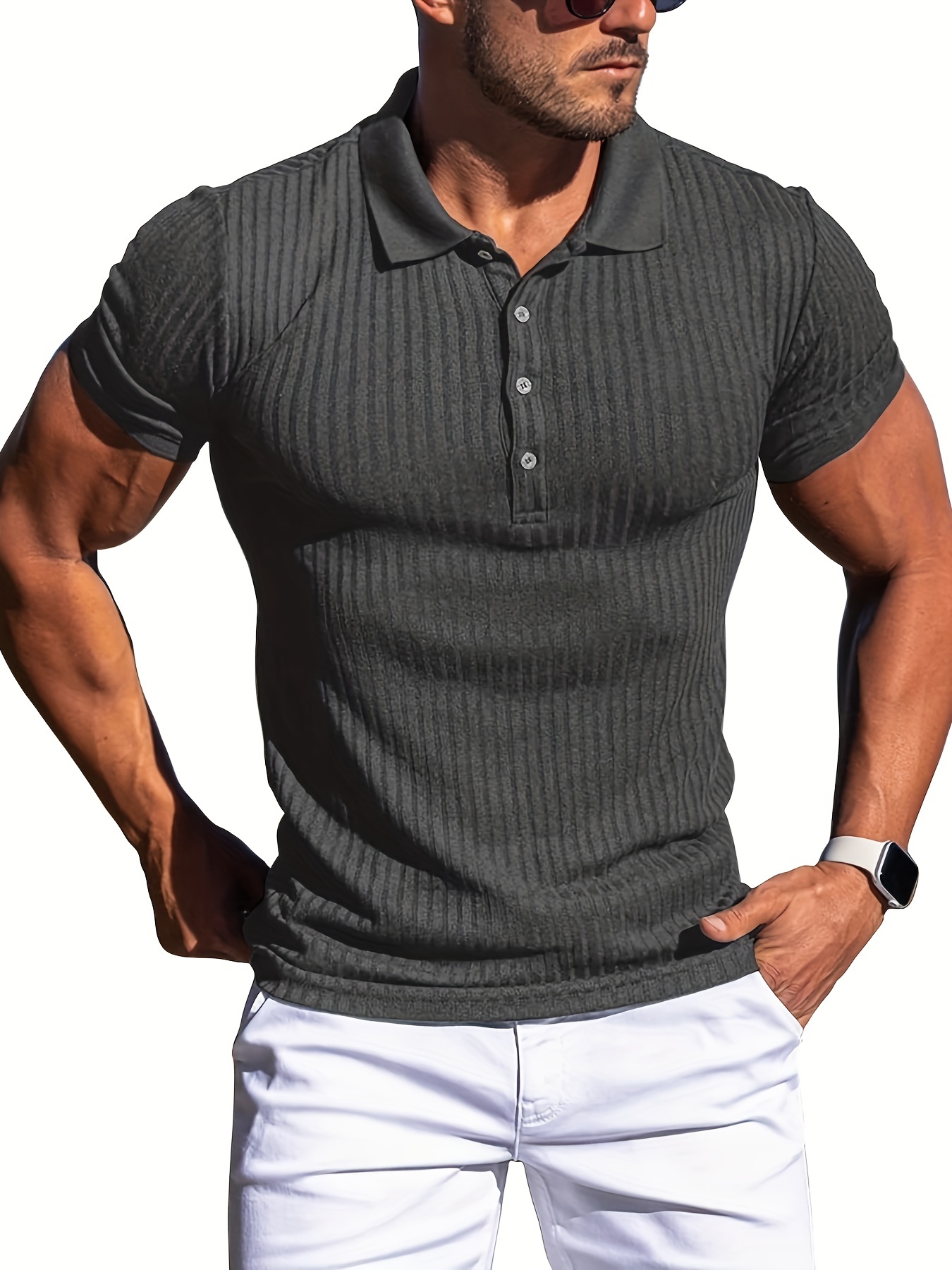 breathable regular fit ribbed golf shirt mens casual v neck t shirt short sleeve for summer mens clothing details 12