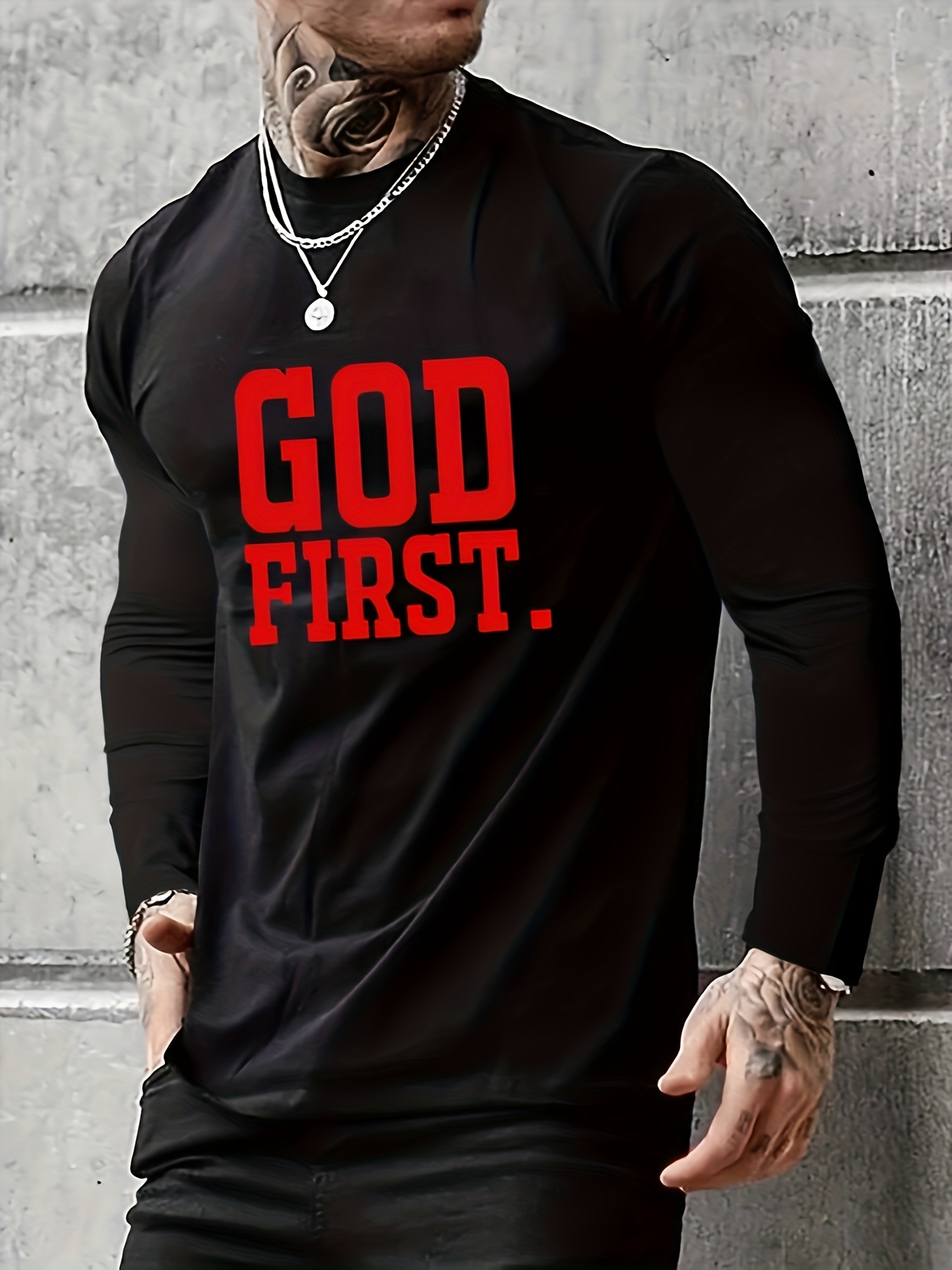 god first print mens graphic design crew neck long sleeves black active t shirt casual comfy shirts for spring summer autumn mens clothing tops details 1