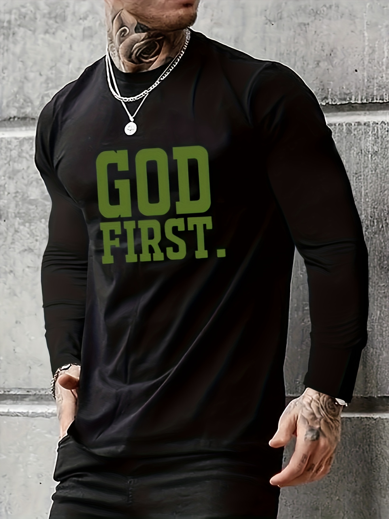 god first print mens graphic design crew neck long sleeves black active t shirt casual comfy shirts for spring summer autumn mens clothing tops details 2