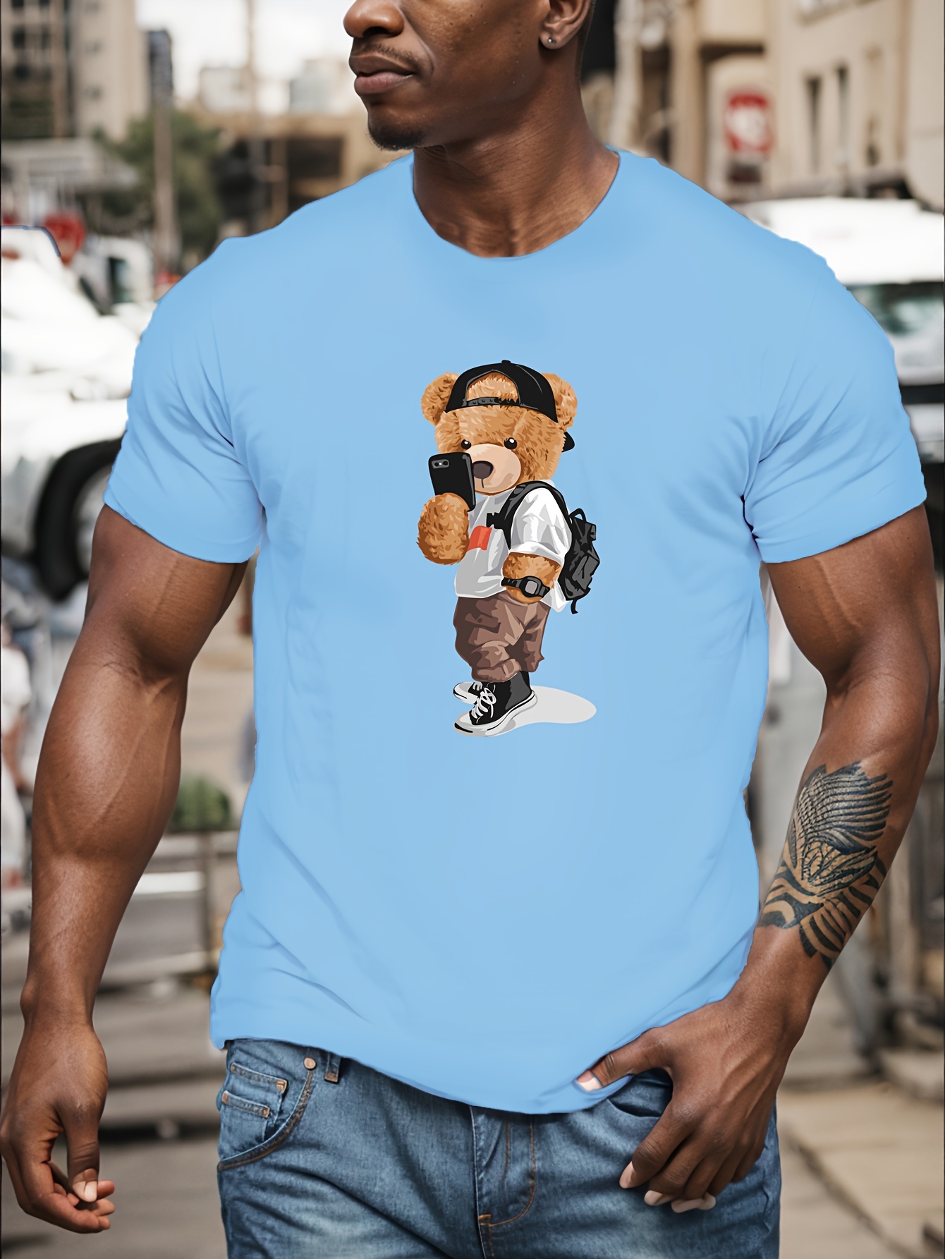 cartoon teddy bear print mens graphic design crew neck t shirt casual comfy tees tshirts for summer mens clothing tops for daily vacation resorts details 3