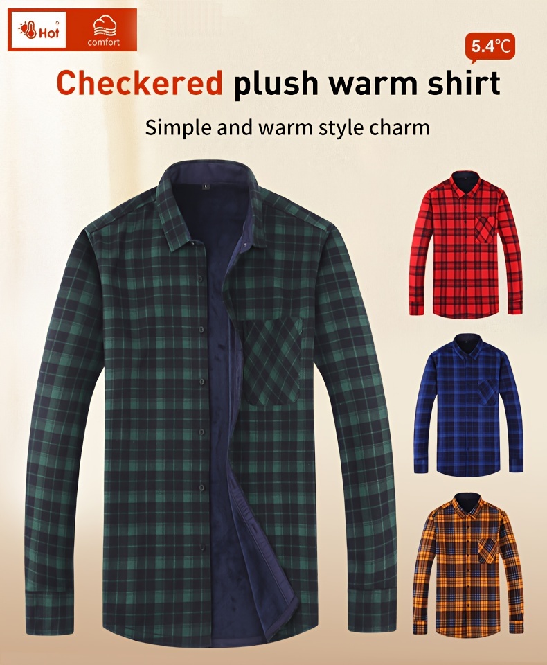 checkered mens thermal shirt top turn down collar long sleeve closure male casual slim shirt for men daily vacation streetwear details 0